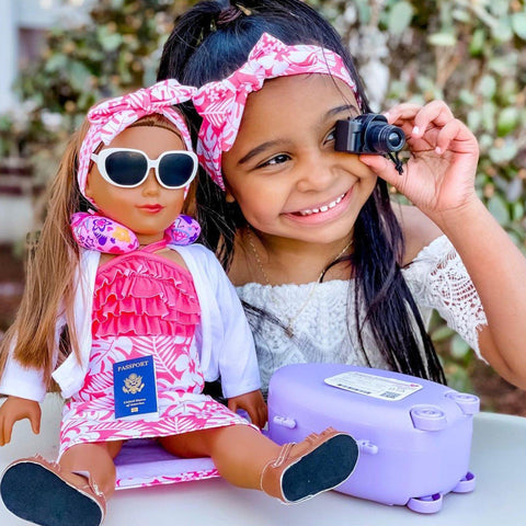 Travel Outfit for 18 inch doll with child having fun