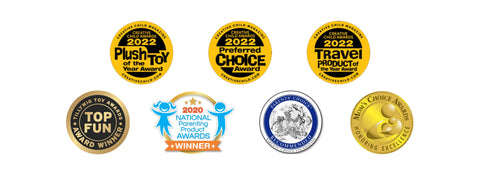 Award-winning kids product and toy badges including 2022 Creative Child Magazine awards for Plush Toy of the Year, Preferred Choice, and Travel Product of the Year; Tillywig Toy Awards Top Fun Winner; 2020 National Parenting Product Awards Winner; Parents' Choice Recommended Seal; and Mom’s Choice Awards Honoring Excellence—recognized for quality, fun, and family-friendly design.